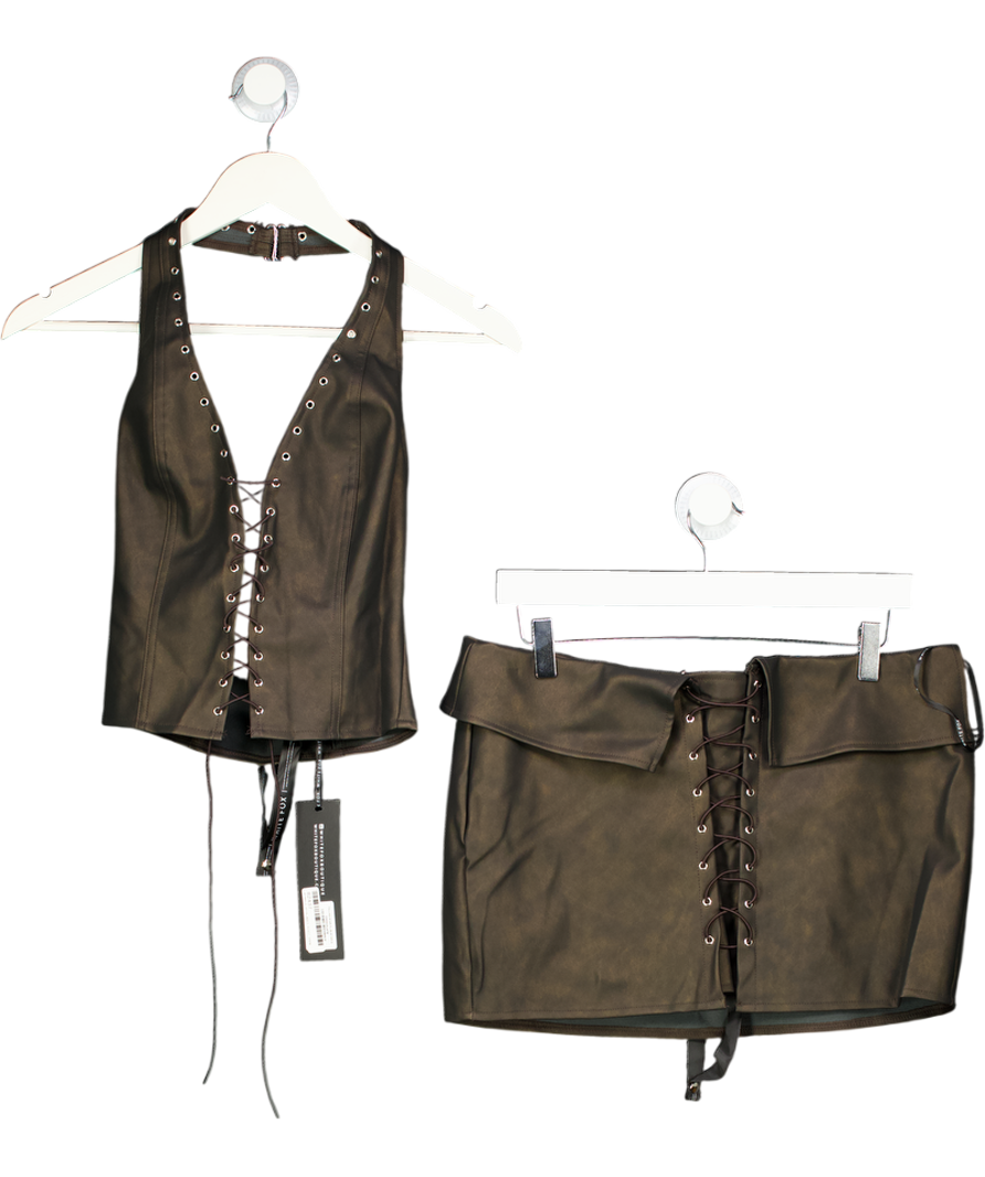 White Fox Brown Falling Star Pu Bustier And Mini Skirt Set UK S
