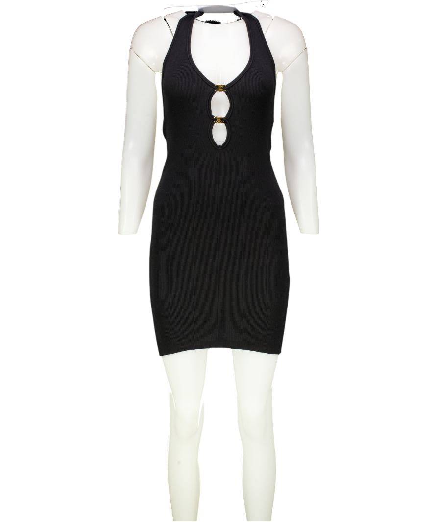 CELINE Black /gold Triomphe Logo Open-back Mini Dress In Underpinning Silk And Cotton UK M
