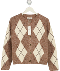 M&S Beige Cotton Rich Argyle Crew Neck Cardigan UK S