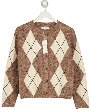 M&S Beige Cotton Rich Argyle Crew Neck Cardigan UK S