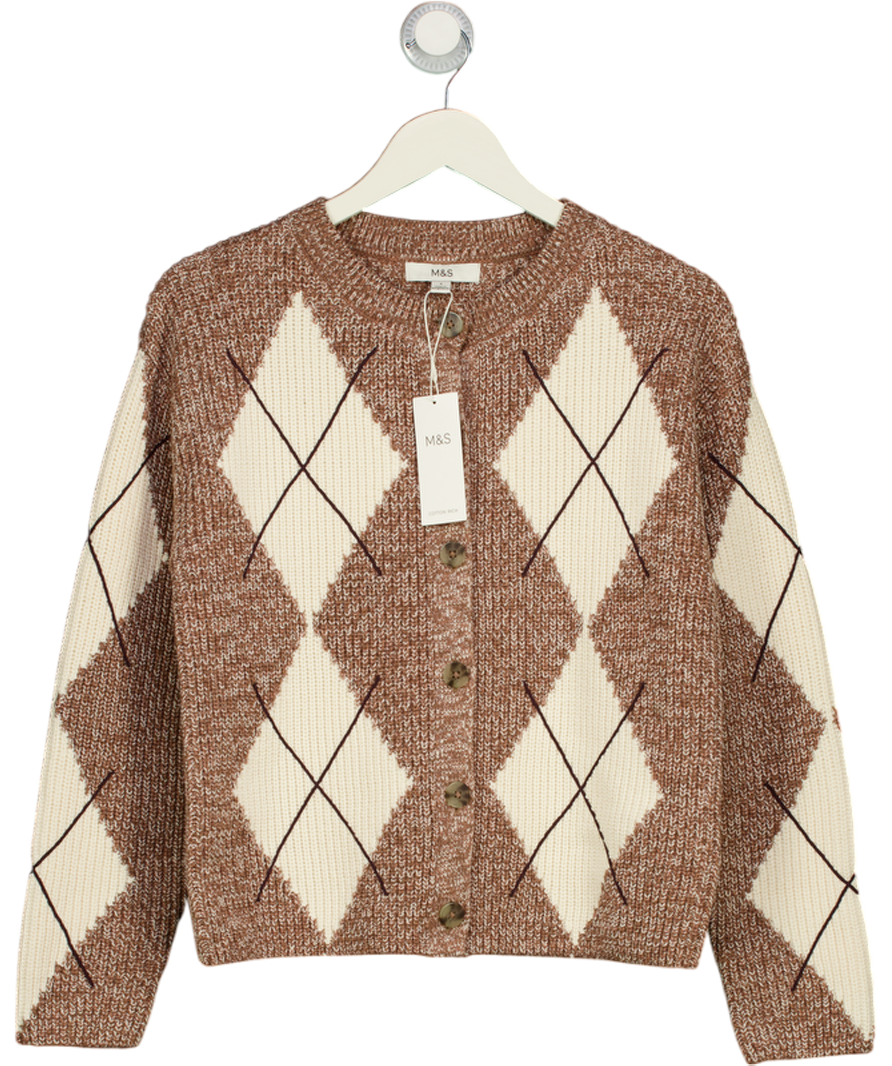 M&S Beige Cotton Rich Argyle Crew Neck Cardigan UK S