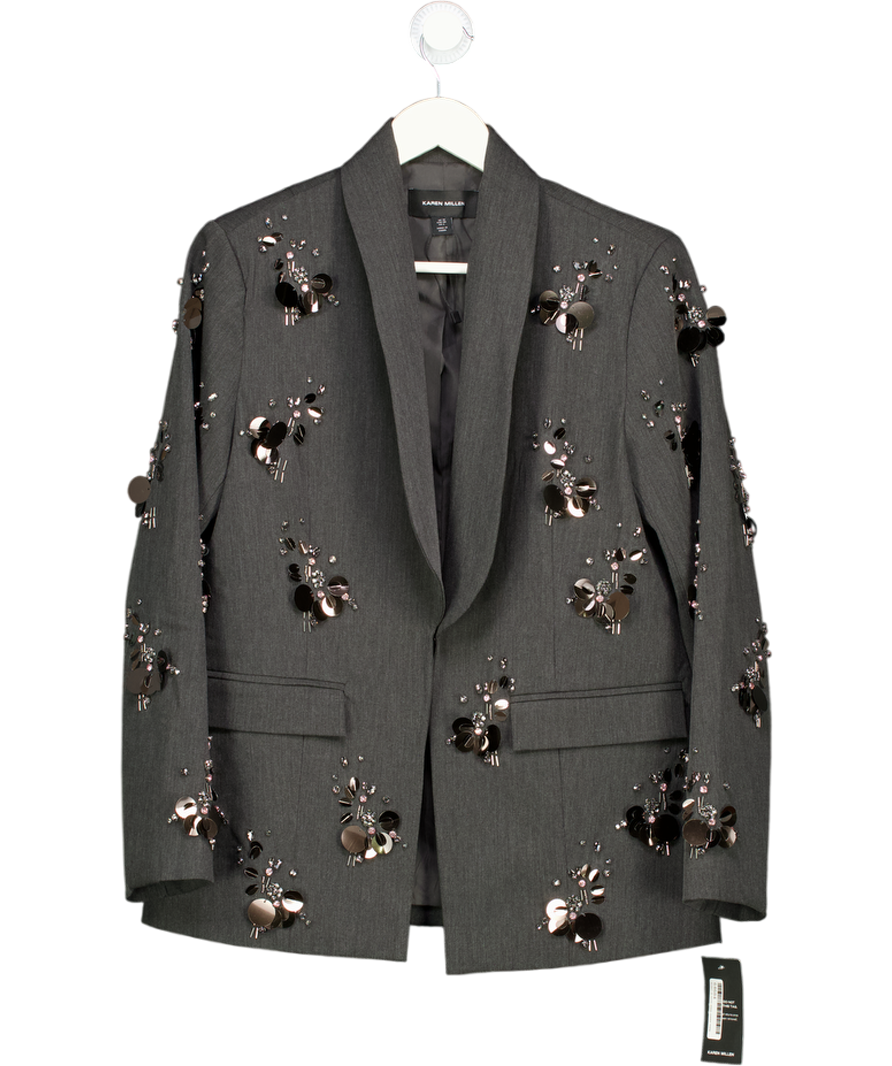 Karen Millen Grey Cluster Sequin & Crystal Embellished Tailored Single Breast Blazer UK 10