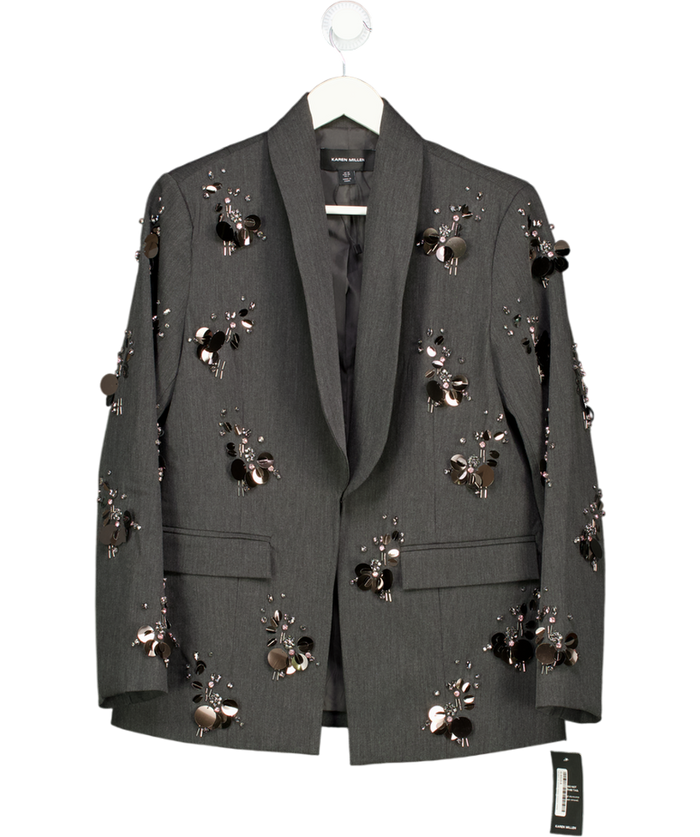 Karen Millen Grey Cluster Sequin & Crystal Embellished Tailored Single Breast Blazer UK 10