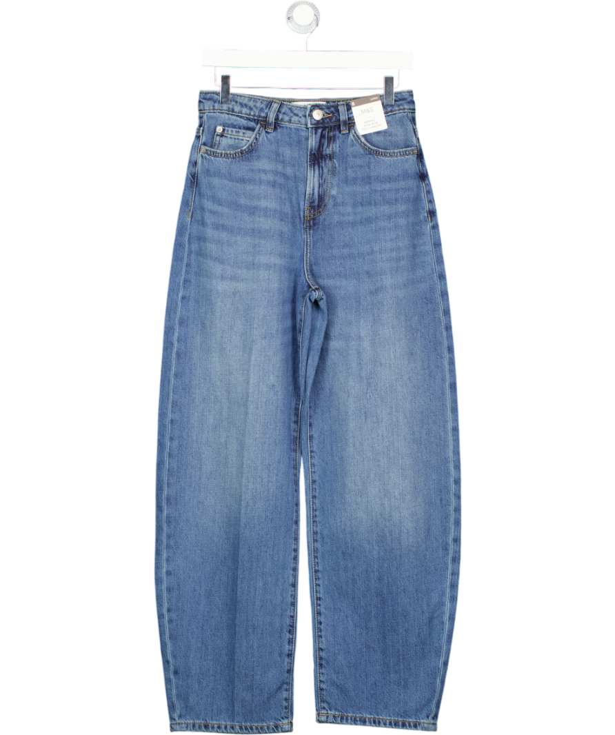M&S Mid Blue Barrel High Rise Full Length Jeans - Long UK 8