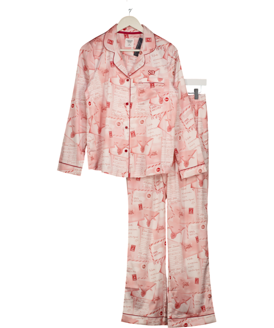 CHELSEA PEERS Pink Satin Long Sleeve Revere Pyjama Set In Letter To Santa Print UK 10
