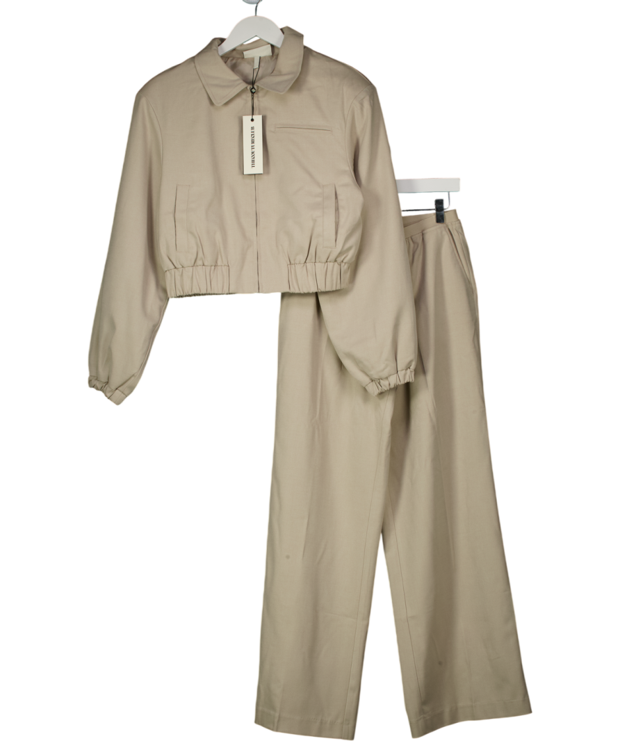 The Couture Club Beige Tailored Shoulder Padded Bomber Jacket And Trousers Set UK 8