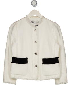 ZARA Cream / Black Boucle Tweed Jacket With Embellished Buttons UK M