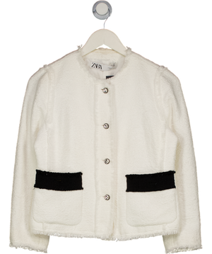 ZARA Cream / Black Boucle Tweed Jacket With Embellished Buttons UK M