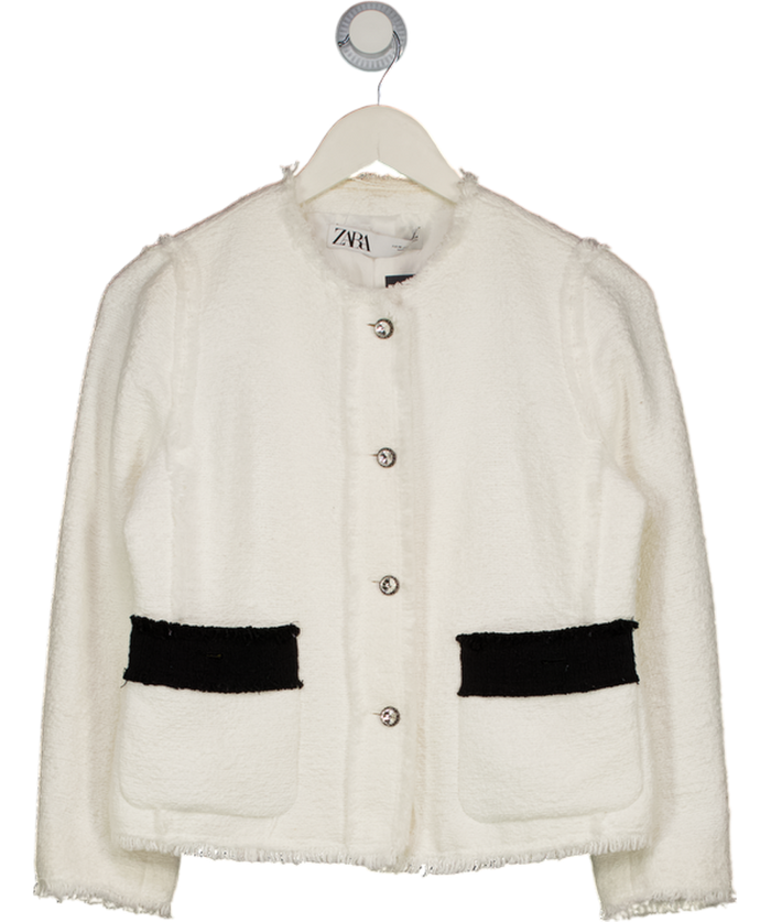 ZARA Cream / Black Boucle Tweed Jacket With Embellished Buttons UK M
