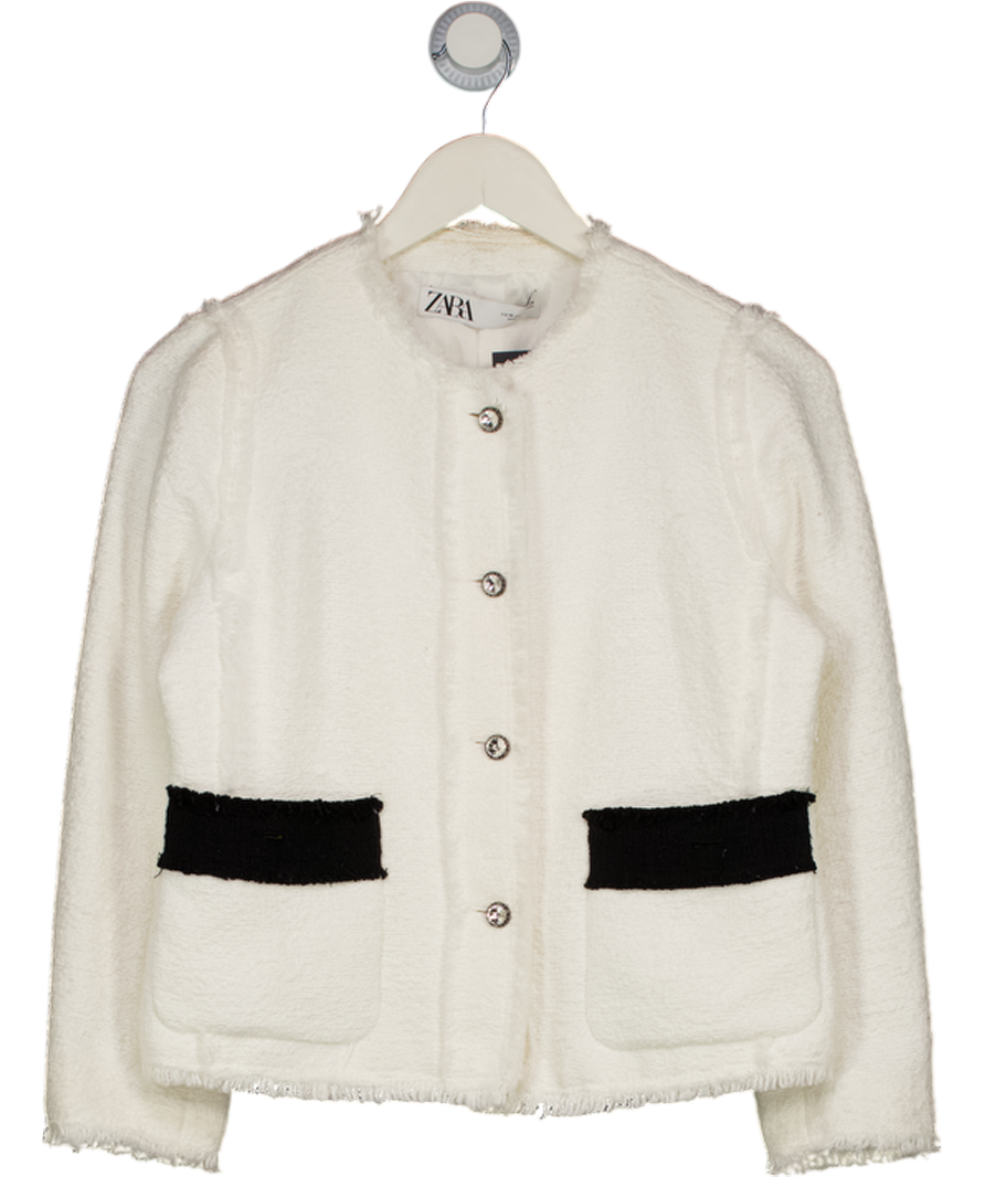 ZARA Cream / Black Boucle Tweed Jacket With Embellished Buttons UK M