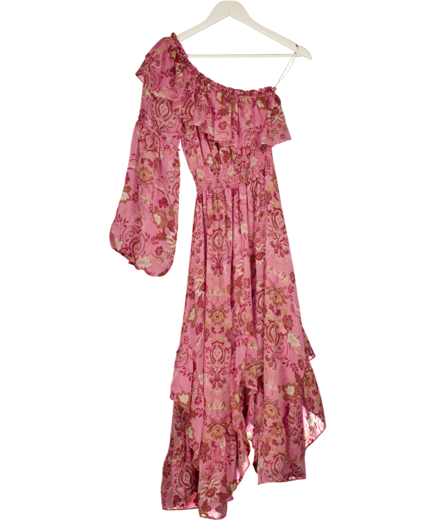 MISA Los Angeles Pink Vola One-shoulder Ruffle Midi Dress UK XS