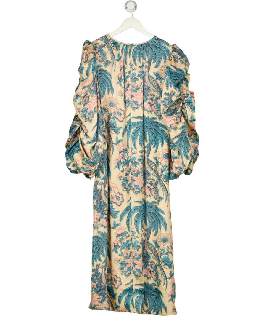 byTIMO Nude / Pink / Blue Birds Printed Crépe Satin Relaxed Puff Sleeve Midi Dress UK L