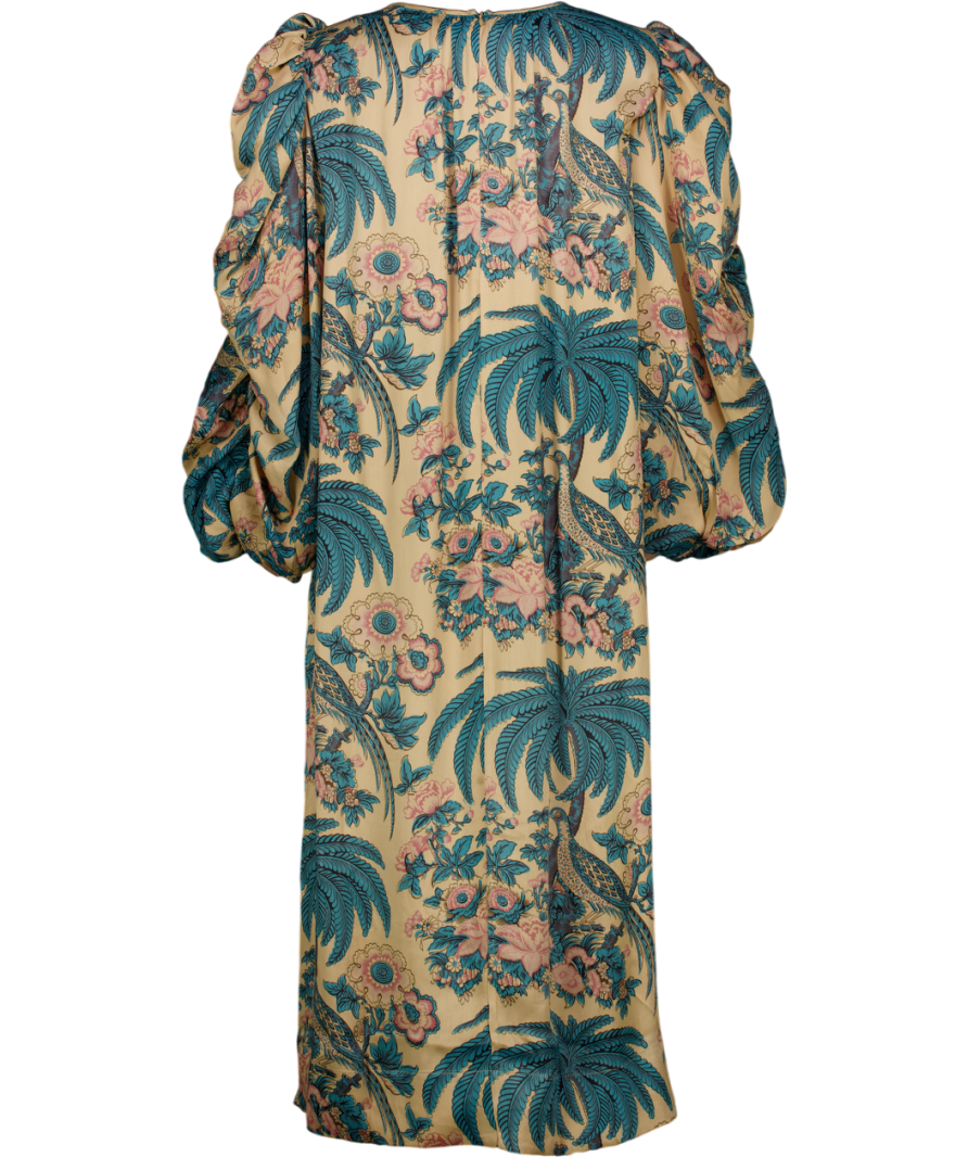 byTIMO Nude / Pink / Blue Birds Printed Crépe Satin Relaxed Puff Sleeve Midi Dress UK L