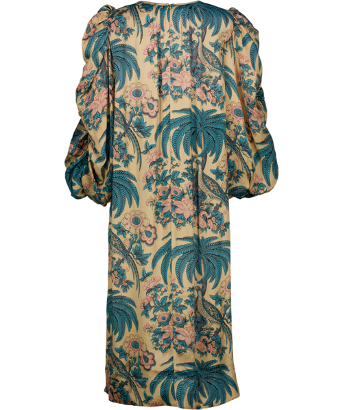 byTIMO Nude / Pink / Blue Birds Printed Crépe Satin Relaxed Puff Sleeve Midi Dress UK L