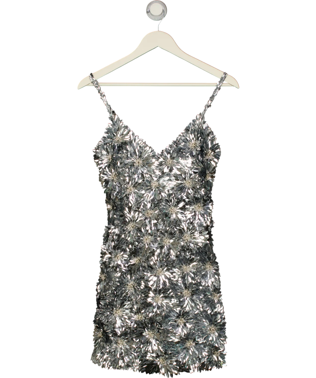 NADINE MERABI Metallic 3d Flower Brittany Silver Mini Dress UK 8