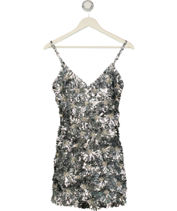 NADINE MERABI Metallic 3d Flower Brittany Silver Mini Dress UK 8