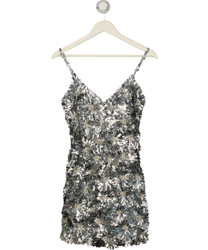 NADINE MERABI Metallic 3d Flower Brittany Silver Mini Dress UK 8