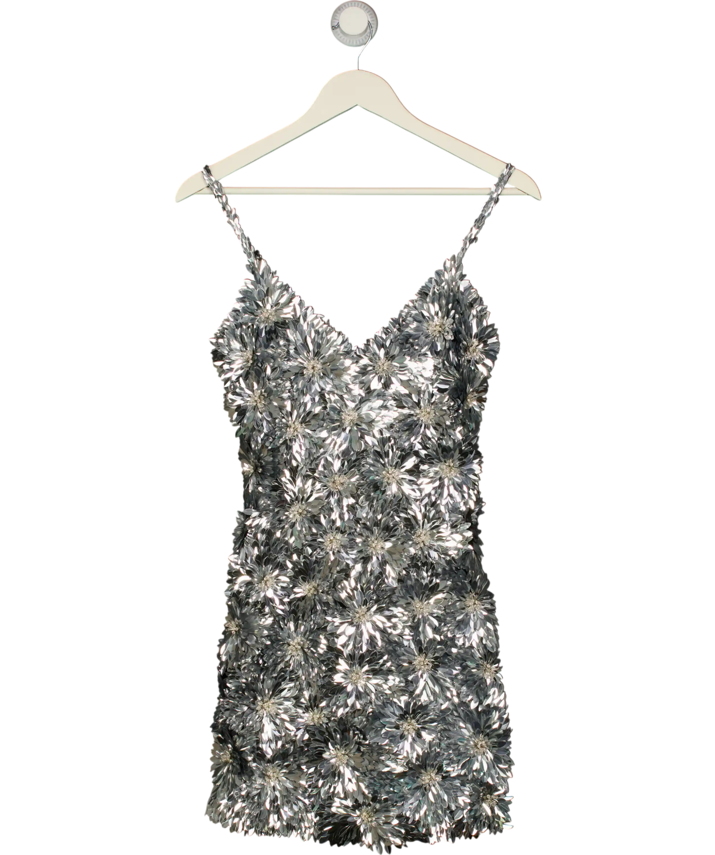 NADINE MERABI Metallic 3d Flower Brittany Silver Mini Dress UK 8