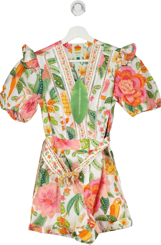 FARM RIO White / Multi Macaw Bloom Cotton Belated Playsuit / Romper In Macaw UK XS