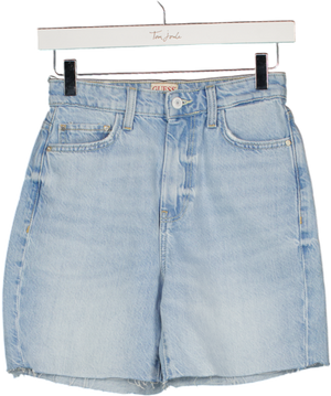 GUESS Light Blue Frayed Denim Logo Patch Shorts W25