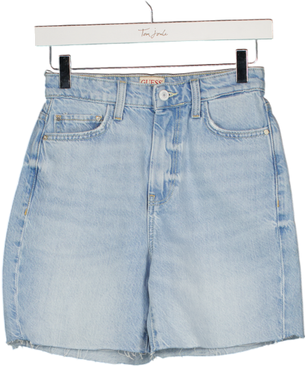 GUESS Light Blue Frayed Denim Logo Patch Shorts W25