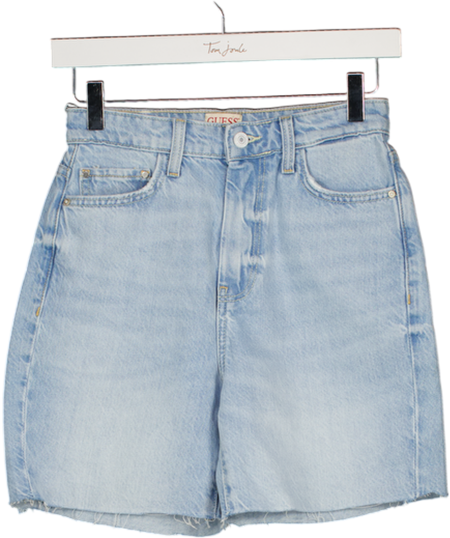 GUESS Light Blue Frayed Denim Logo Patch Shorts W25
