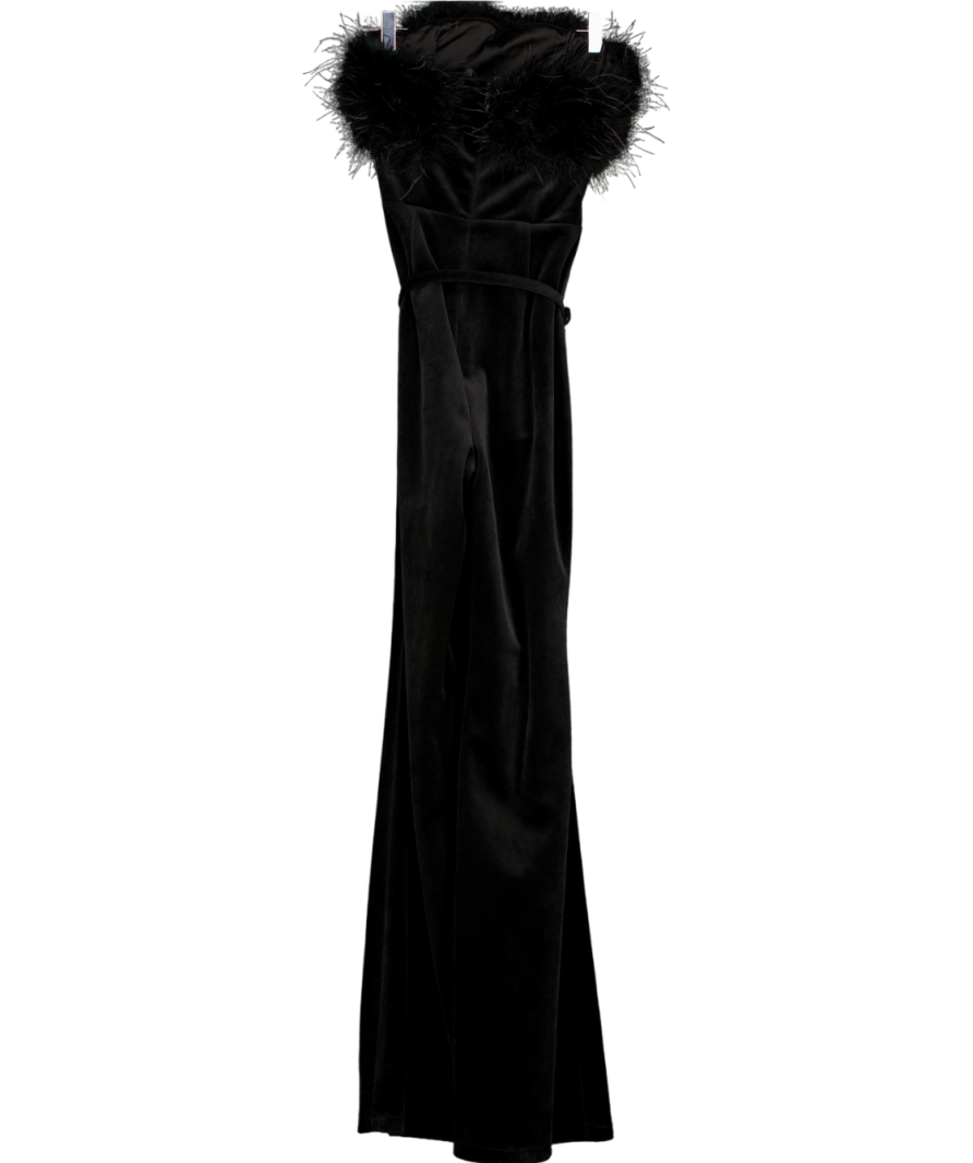 NADINE MERABI Black Velvet Feather Trim Jumpsuit Uk 6 UK XS