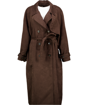 M&S Brown Double Breasted Longline Suedette Trench Coat UK 18