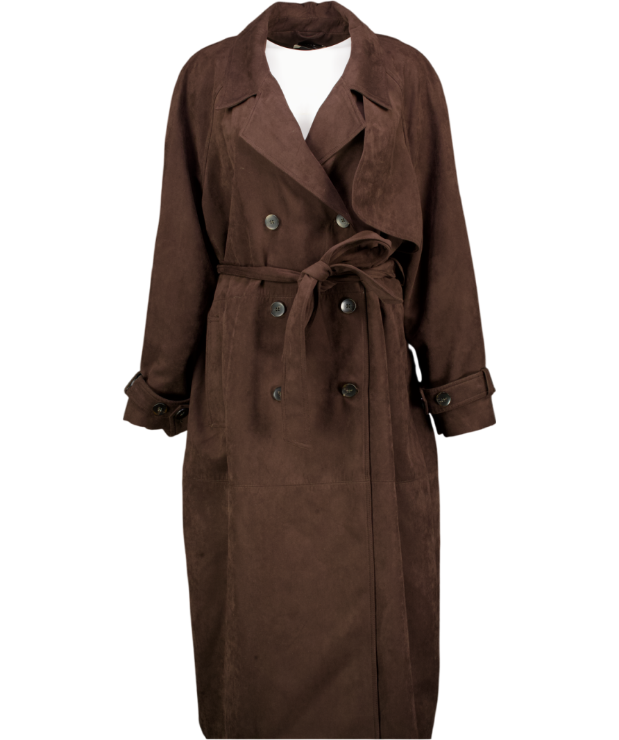 M&S Brown Double Breasted Longline Suedette Trench Coat UK 18