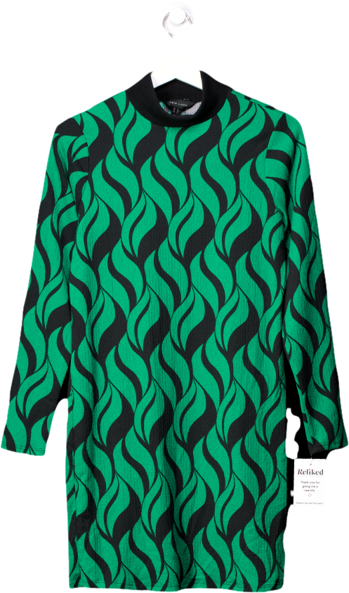 New Look Green Geometric Doodle Print Long Sleeve Mini Dress UK 6