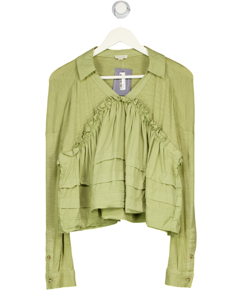 ANTHROPOLOGIE PILCRO Green Ruffle Detail Jersey Top UK XS