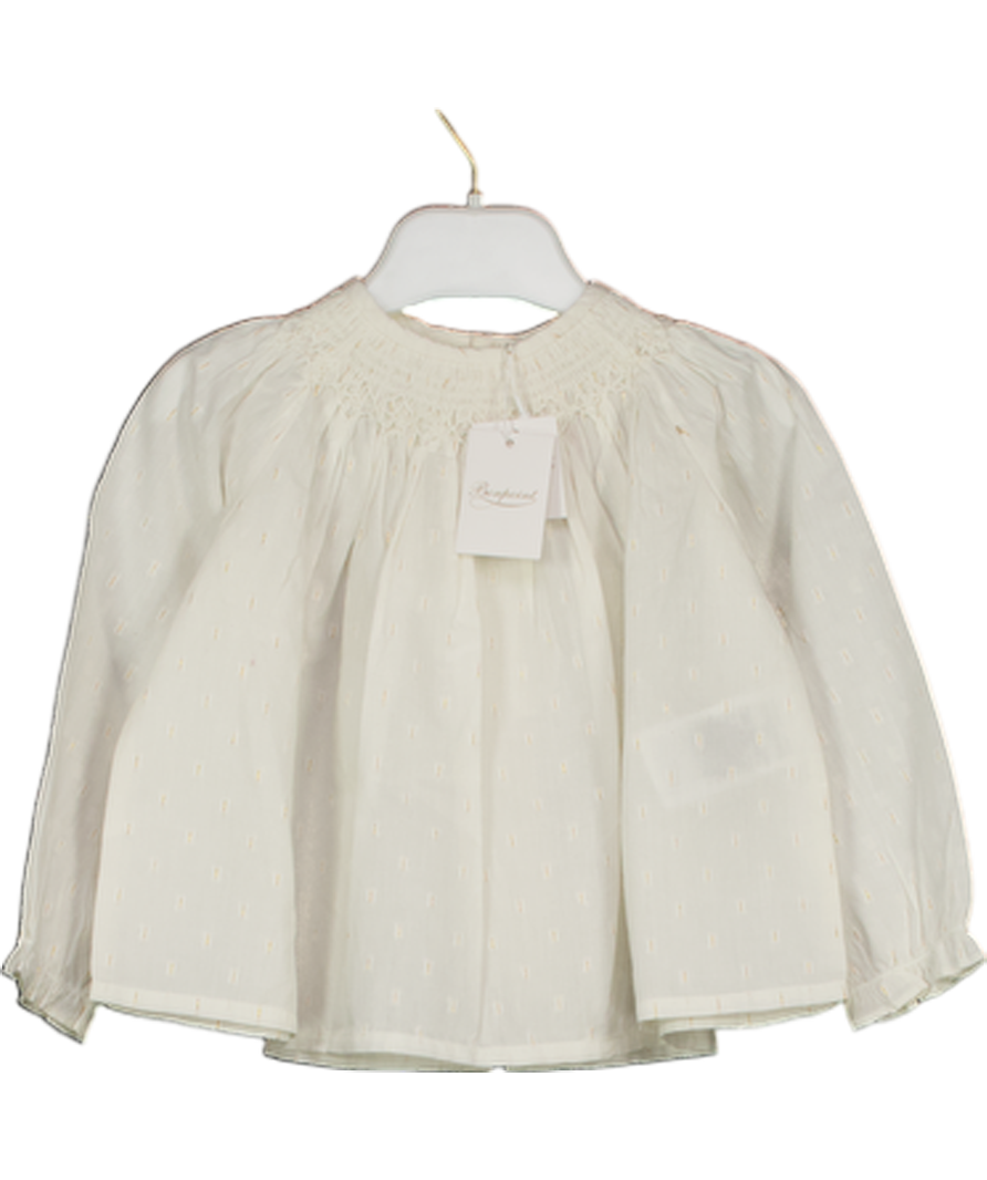 Bonpoint White Organic Cotton Smocked Blouse With Gold Metallic Fleck 9-12 Months
