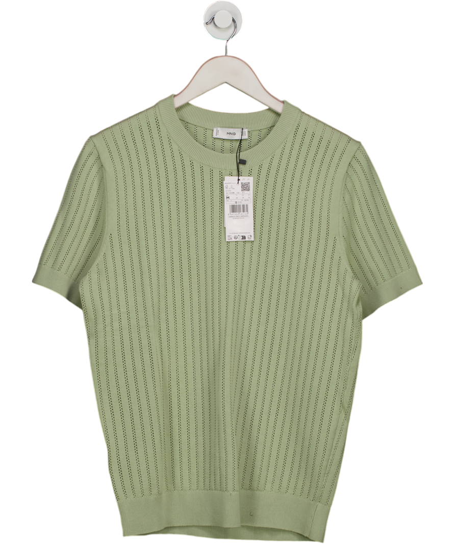 MANGO Sage Green Striped Openwork Cotton T-shirt UK M
