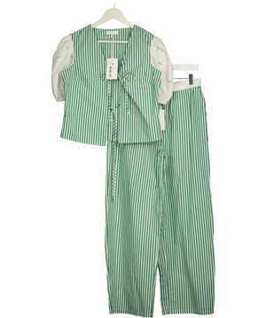NA-KD 2-piece Green Stripe Anglaise Tie Detail Top And Wide Leg Trouser Set UK 10