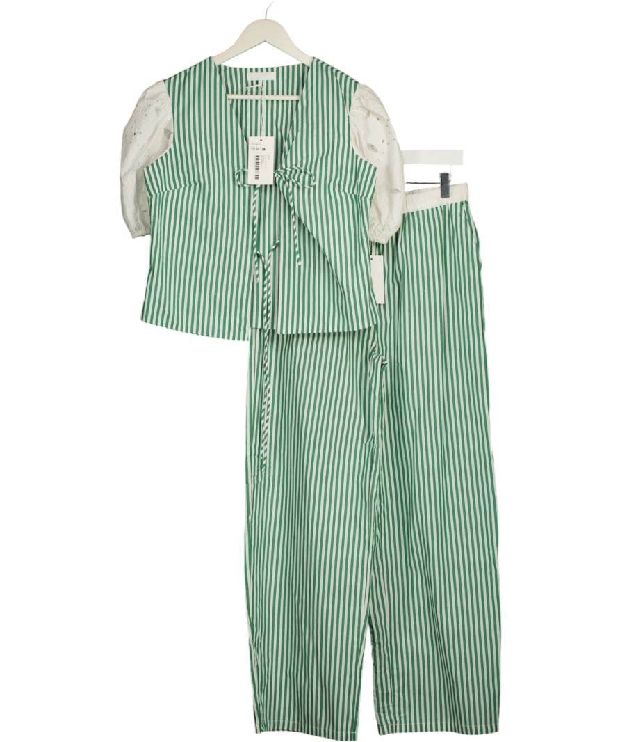NA-KD 2-piece Green Stripe Anglaise Tie Detail Top And Wide Leg Trouser Set UK 10