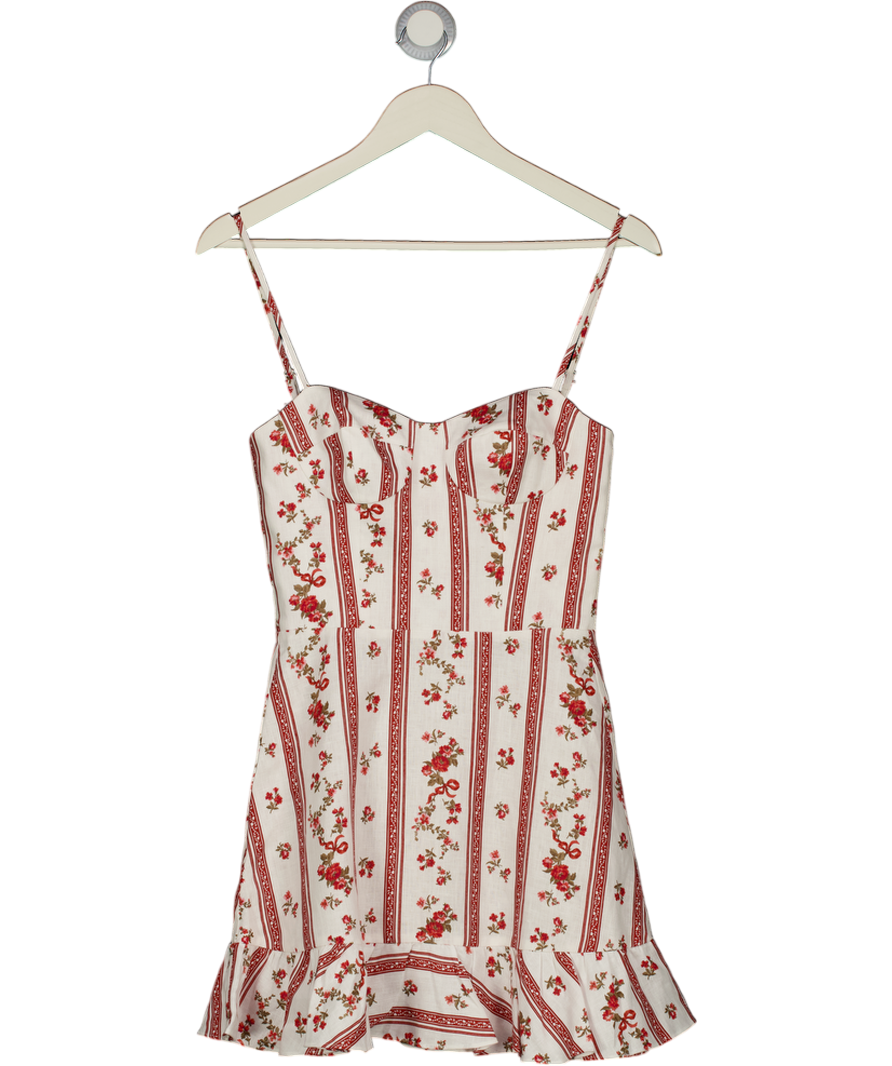 REFORMATION White / Red Floral Stripe Frill Hem Cupped Mini Dress Sz0 UK 4