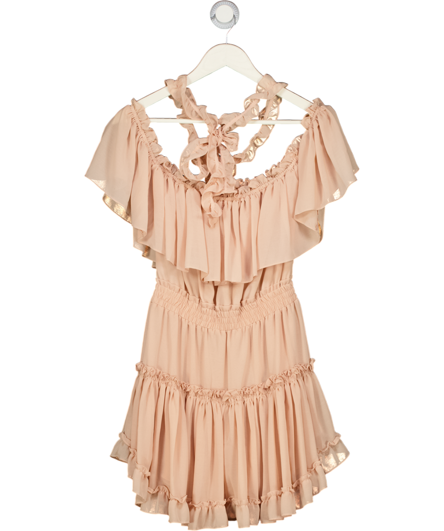 MISA Los Angeles Nude Pink Ruffle Trim Tie Neck Tiered Mini Dress UK S