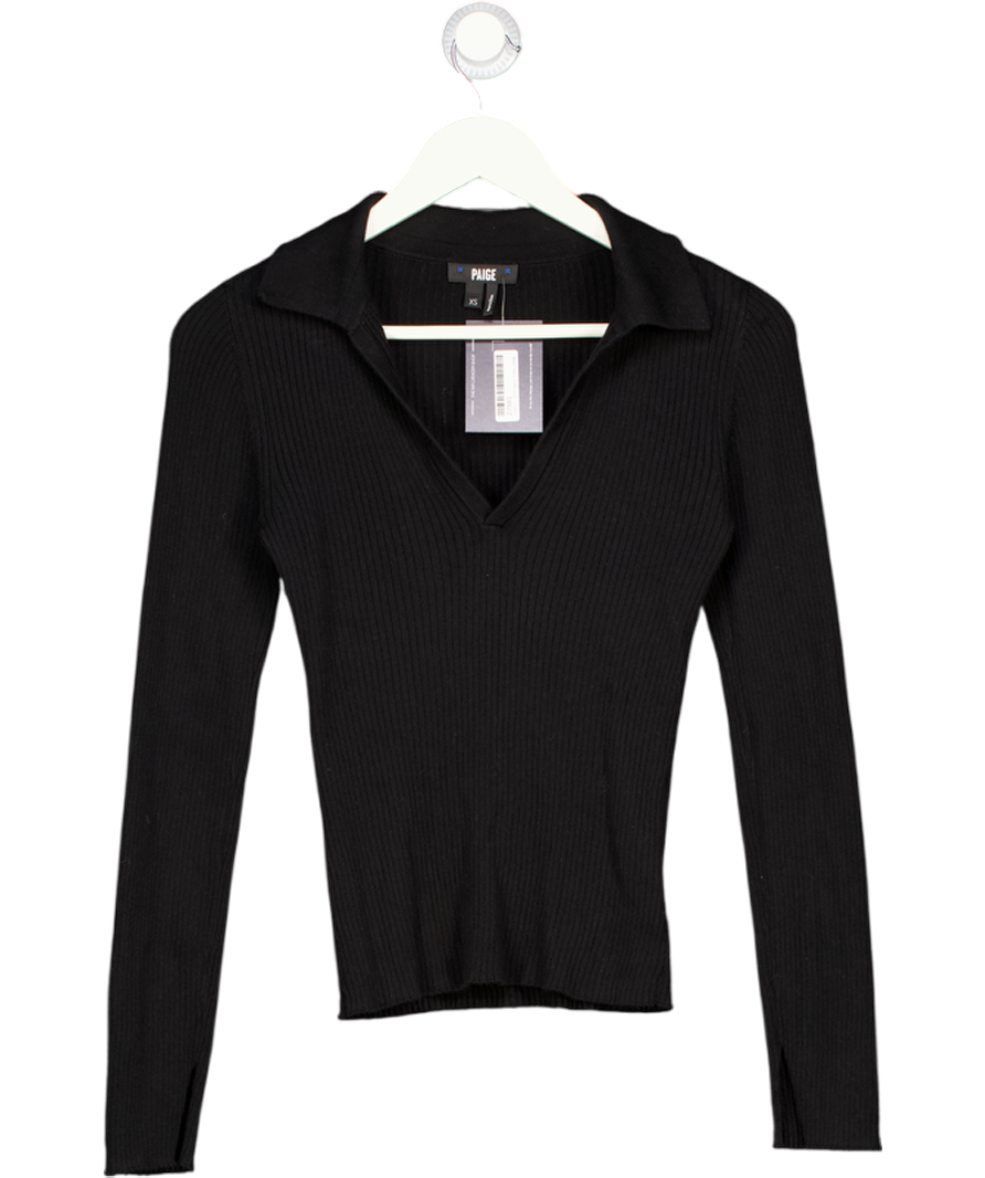 PAIGE Black Cotton / Silk Blend Ribbed Polo Top UK XS