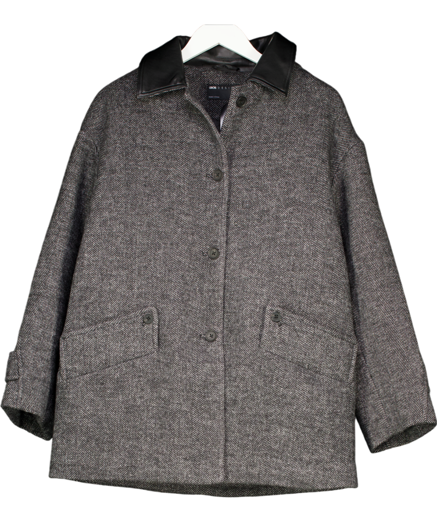 ASOS Grey Wool Blend Textured Jacket With Collar In Herringbone UK S