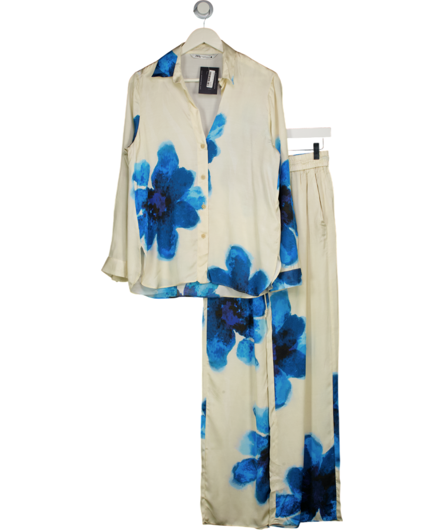 ZARA 2-piece Cream / Blue Sloral Satin Oversize Shirt And Wide Leg Trouser Set UK S/M