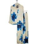 ZARA 2-piece Cream / Blue Sloral Satin Oversize Shirt And Wide Leg Trouser Set UK S/M