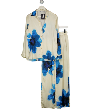 ZARA 2-piece Cream / Blue Floral Satin Oversize Shirt And Wide Leg Trouser Set UK S/M