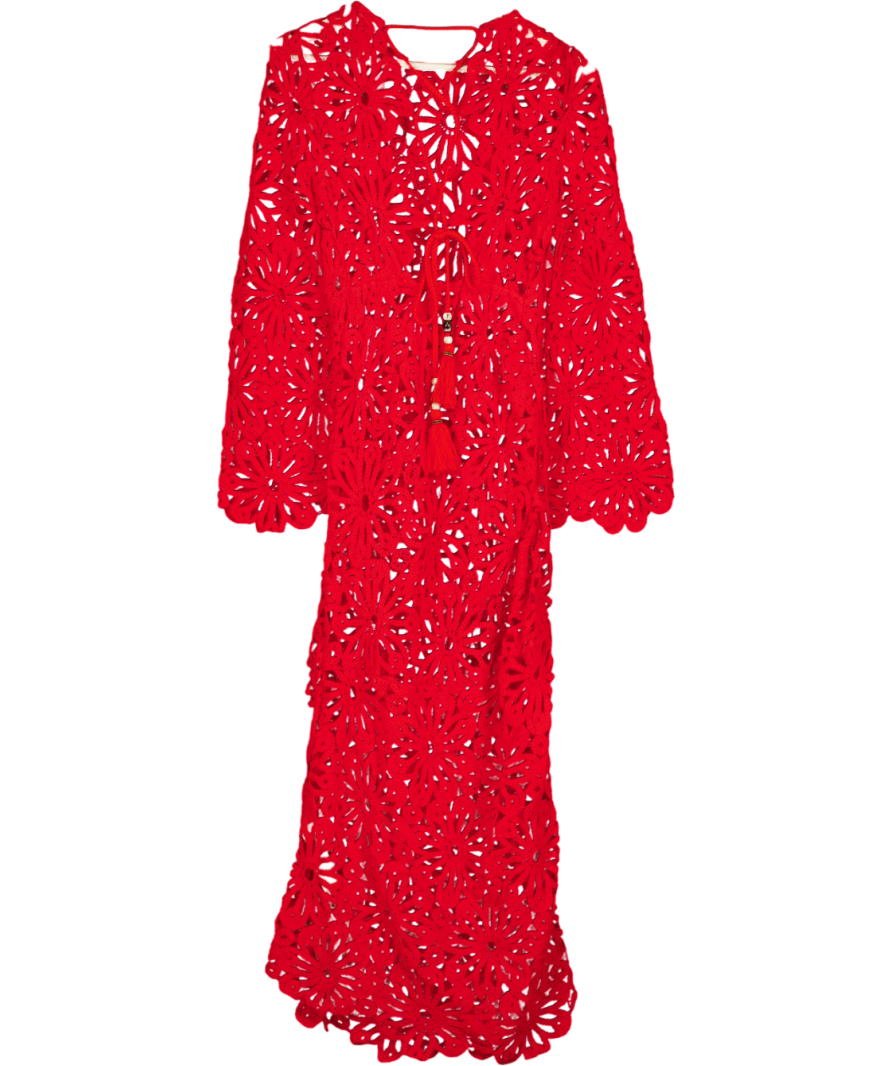 KAREN MILLEN Red Floral Crochet Woven Backless Maxi Beach Dress UK XS