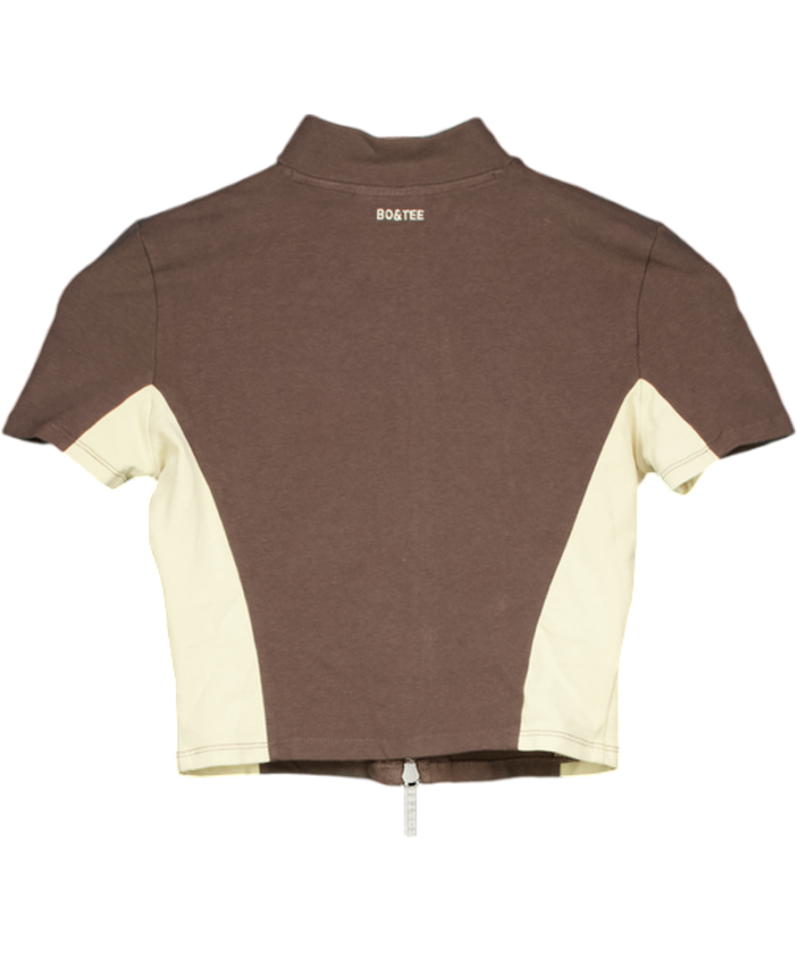 Bo + Tee Brown Cotton Jersey Colourblock Zip-up Crop Top UK XS