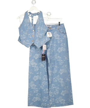 KULANI KINIS 2-piece Blue Floral Denim Straight Leg Jeans (uk L) And Halterneck Waistcoat Top (uk Xl) Set UK L/XL