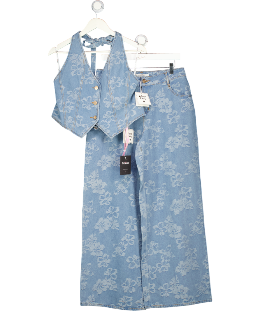 KULANI KINIS 2-piece Blue Floral Denim Straight Leg Jeans (uk L) And Halterneck Waistcoat Top (uk Xl) Set UK L/XL