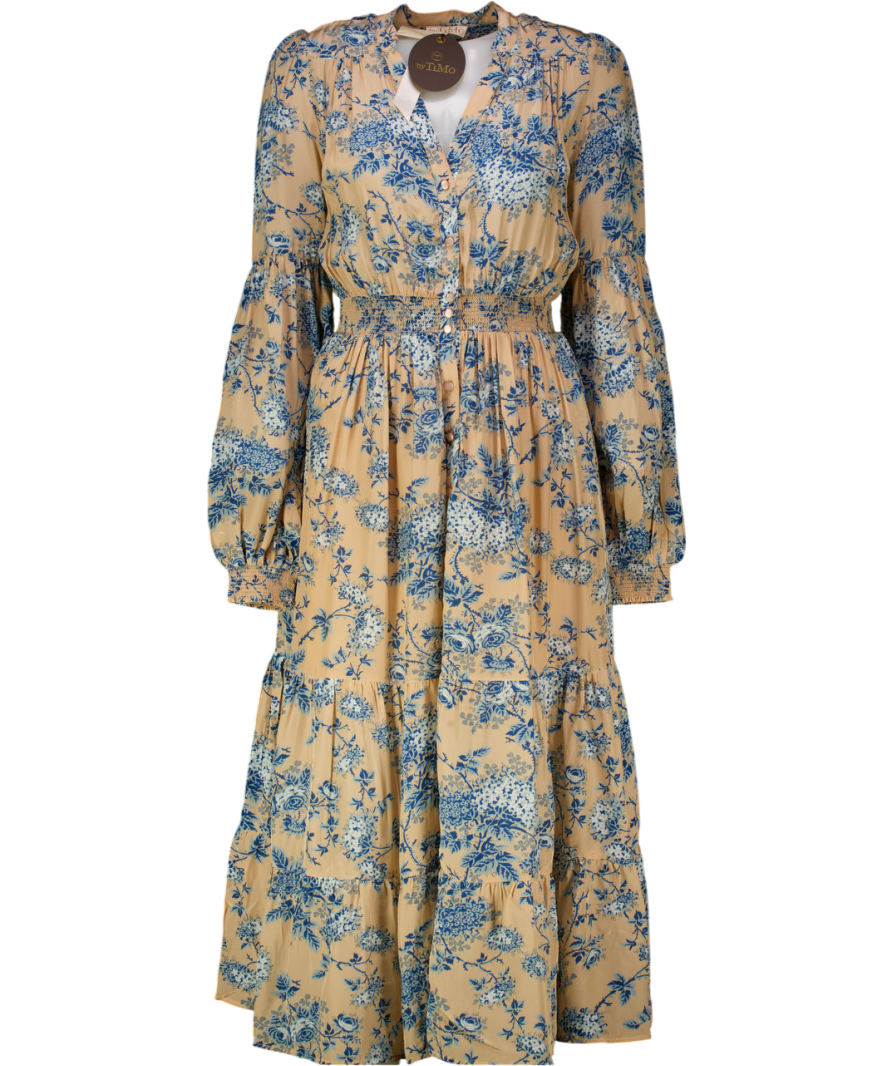 byTimo Blush Pink / Blue Hydrangea Print Shirred Waist Midi Dress UK XS