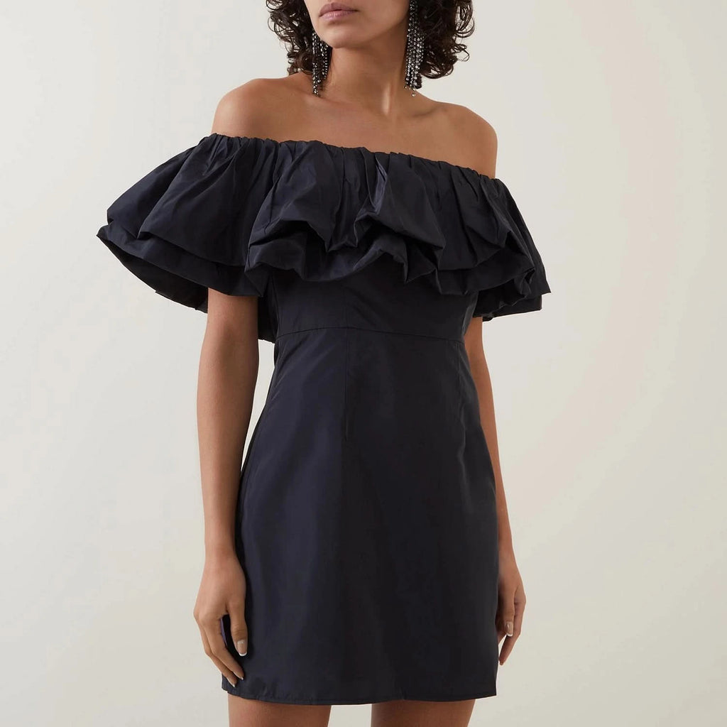 Rhode Resort Premium Black Satin ruffle Mini Dress  UK 10