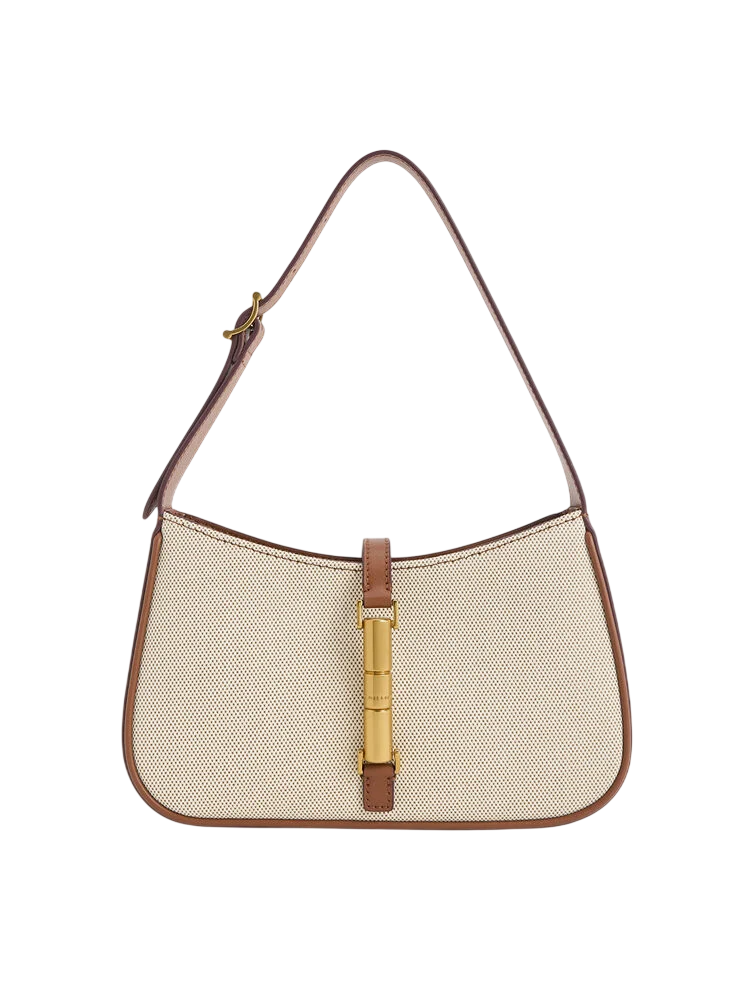 CHARLES & KEITH Brown Cesia Canvas Metallic-accent Shoulder Bag