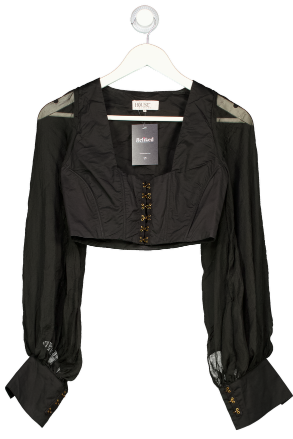 HOUSE OF CB Black Chiffon Sleeve Cropped Long Sleeve Corset Top UK S